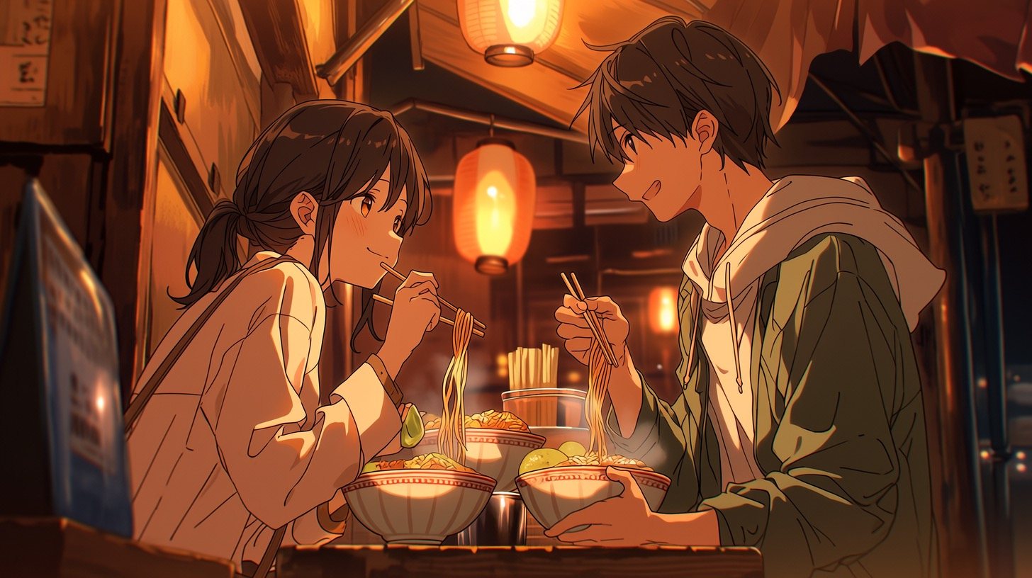 An anime-style ramen stall scene