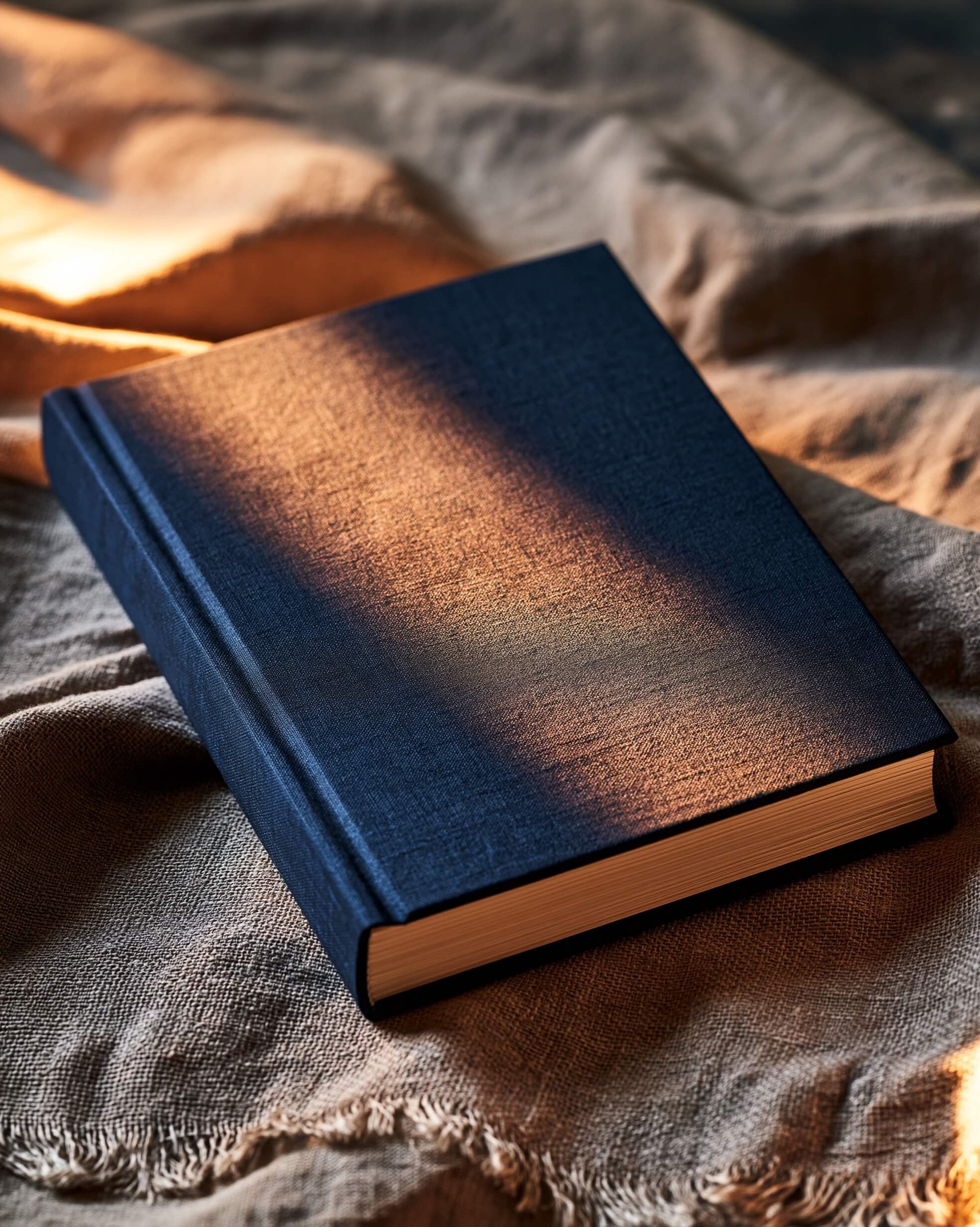 A hardcover book with a deep navy cover on textured linen, warm light raking across it