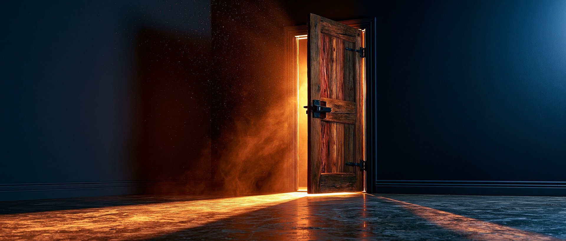 A heavy timber studio door ajar in a dark navy wall, warm golden light pouring through the gap