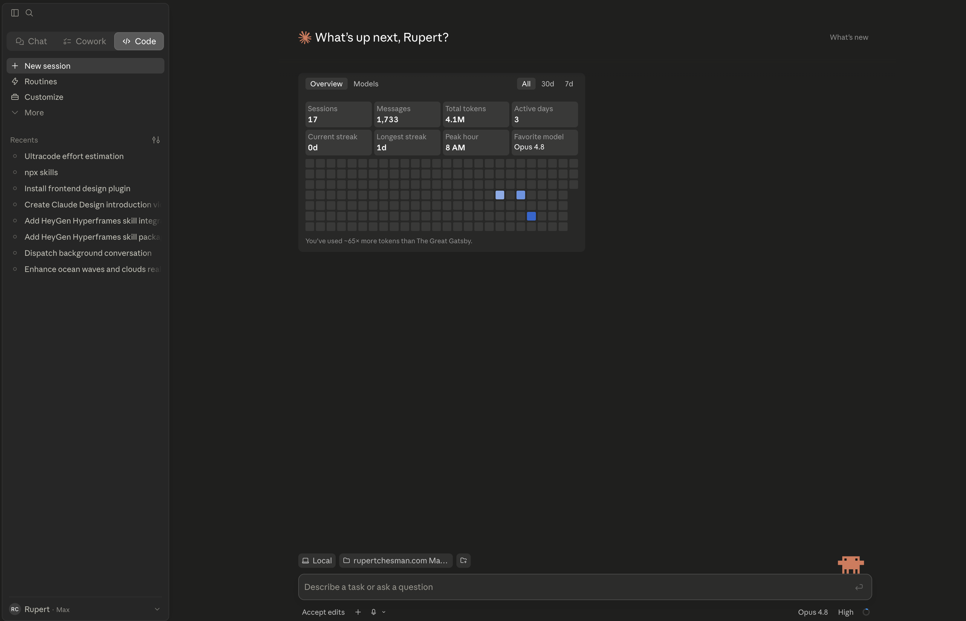 Your Claude dashboard — usage, streaks and recent work
